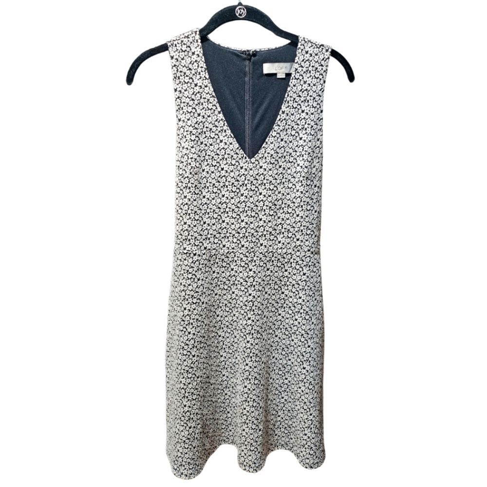LOFT Black White Ditsy Floral V Neck Fit Flare Tank Dress Lined Women's Size 4